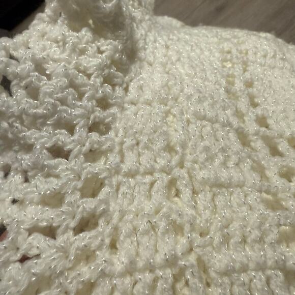 Vintage Handmade Crochet Heart Afghan Throw Blanket White/Shimmer LaceEdge 52x34 - Picture 3 of 12